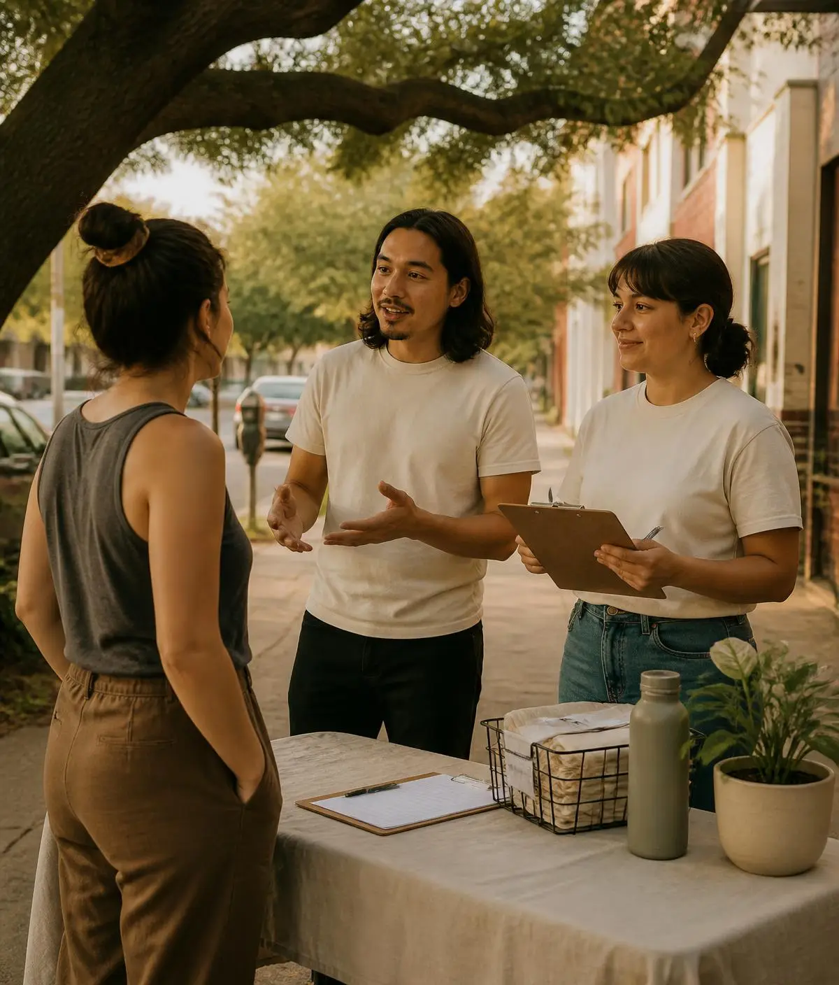 Community outreach volunteers talking with a passerby at a sidewalk table in Austin
