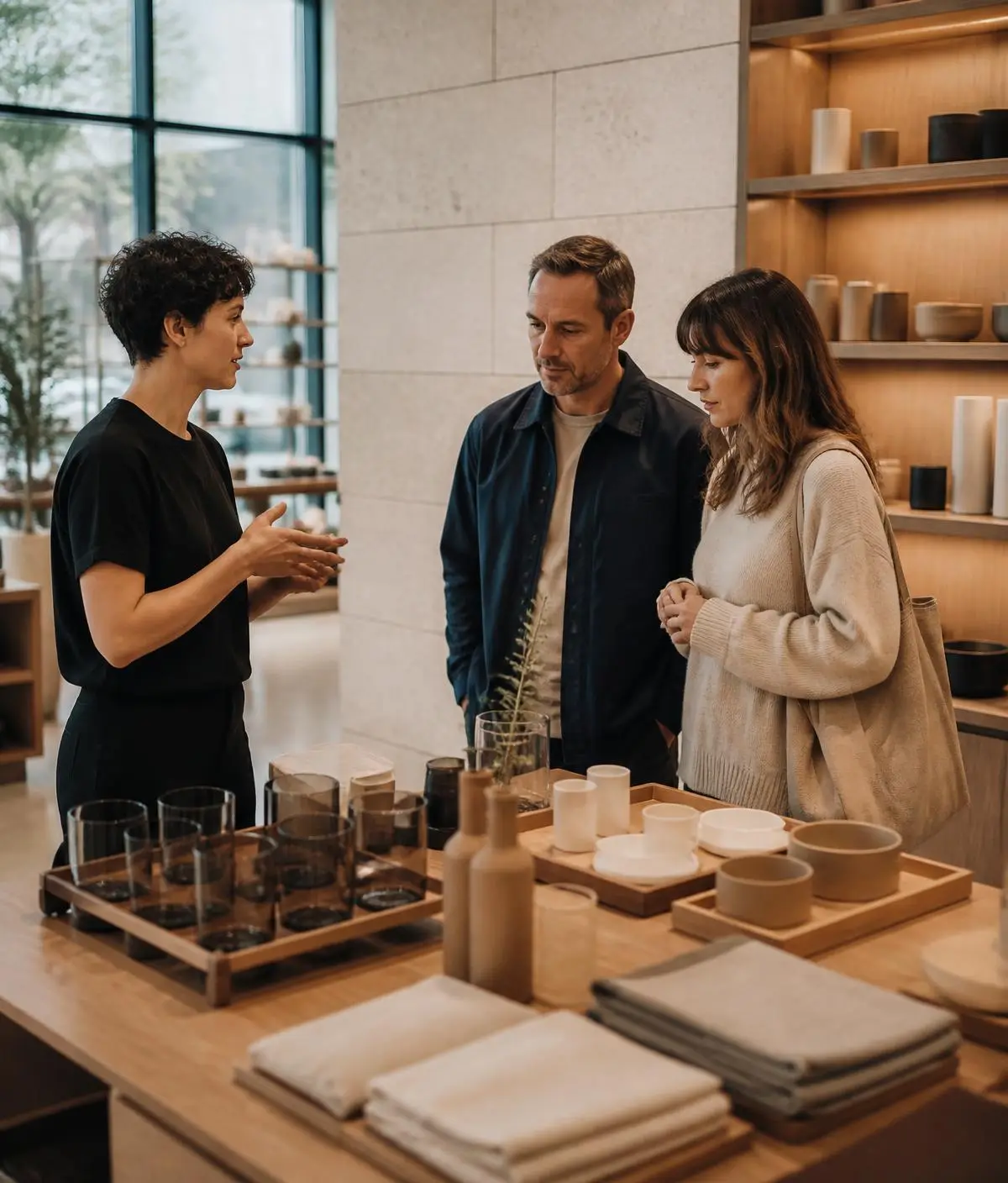 Retail associate explaining a product to two shoppers at a display table