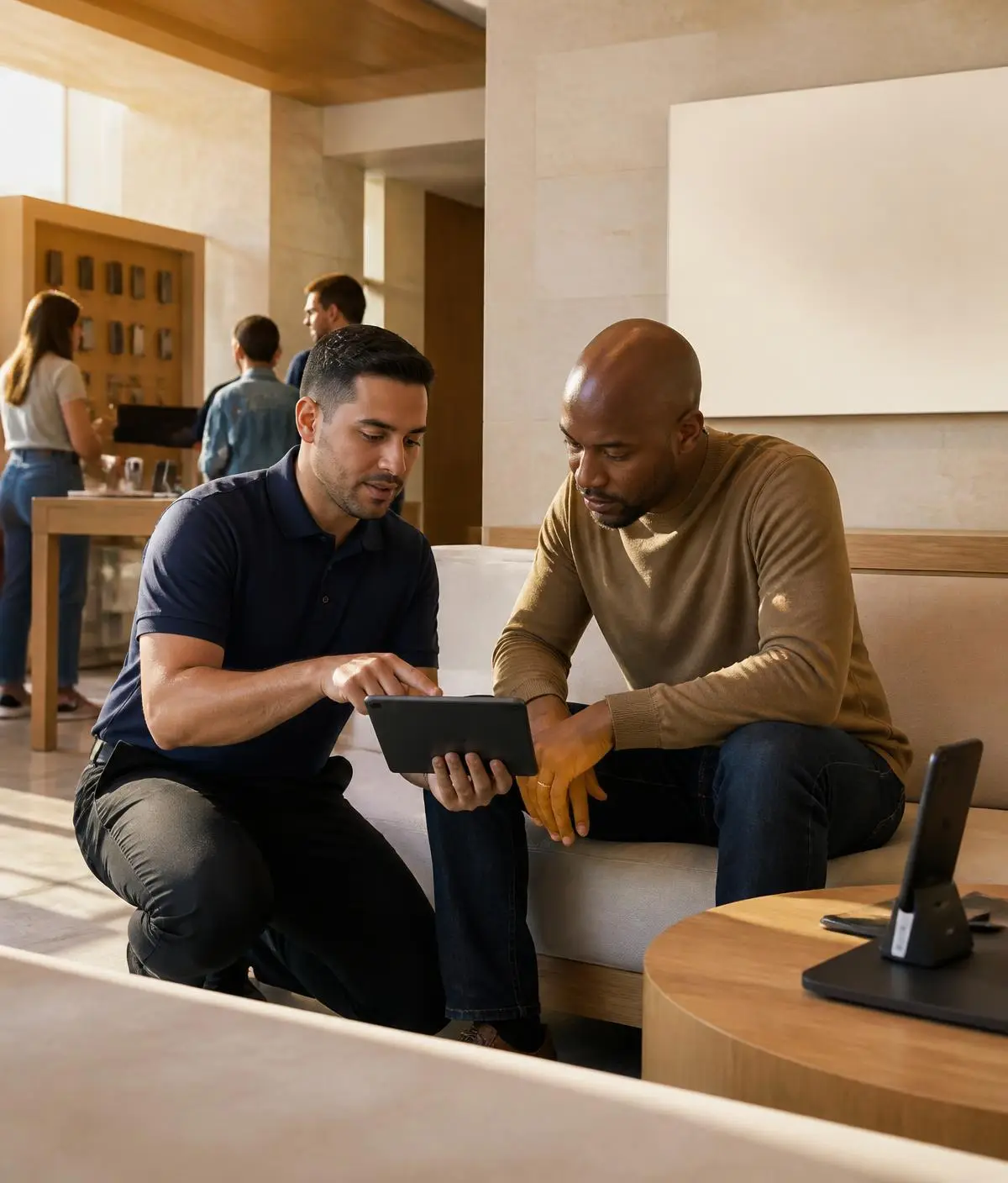 Brand representative reviewing plan options on a tablet with a customer in a telecom store