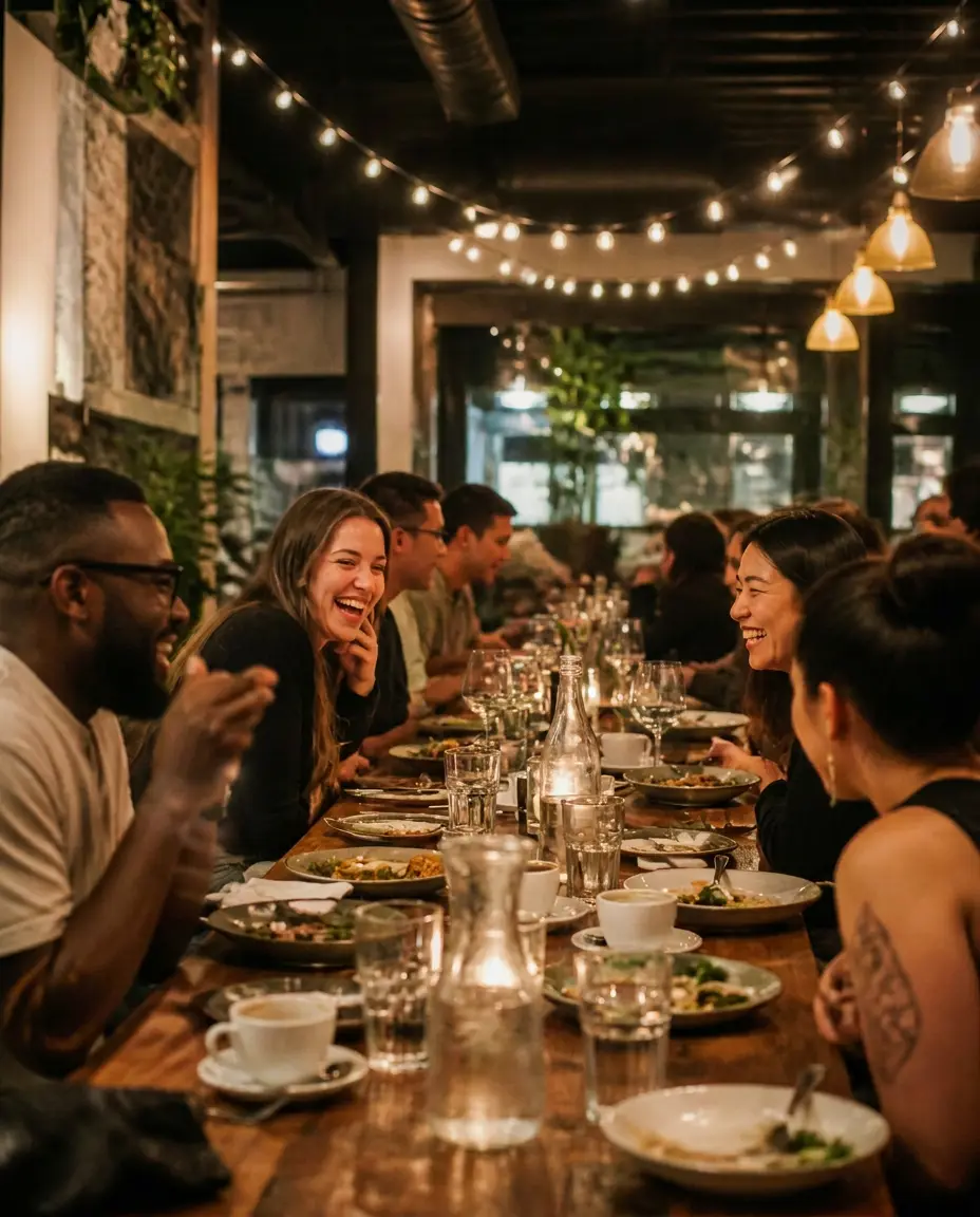 Tandem team members talking and laughing around a long table at a team dinner