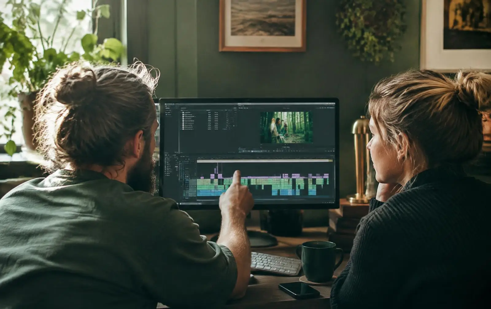 Two people editing a short-form video together on a monitor