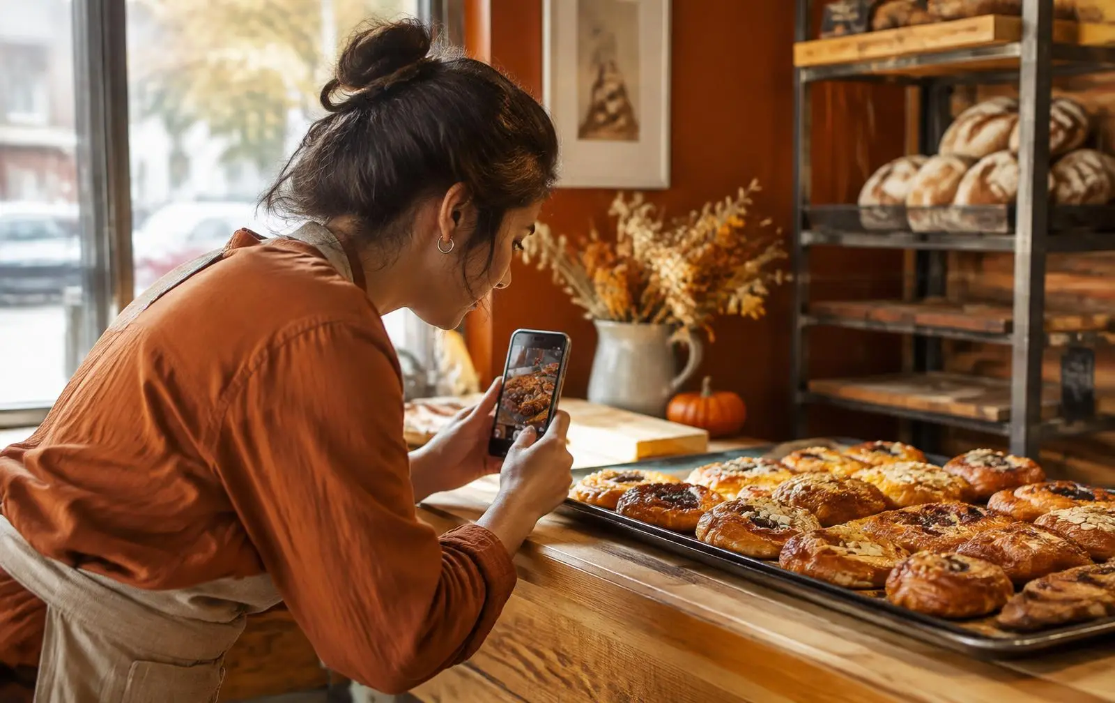 A bakery owner filming a tray of pastries on her phone