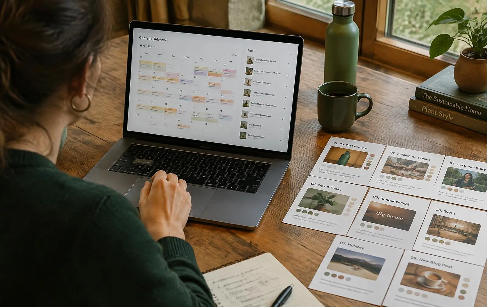 A month of posts planned out on a laptop beside printed storyboard cards
